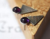 Amethyst Geometric Textured Sterling Silver Triangle Stud Earrings