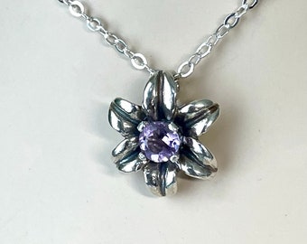 Handmade Sterling Silver Gemstone Flower Necklace, 18" Chain