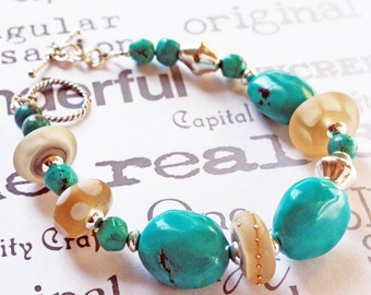 Lamp Work Beads and Genuine Turquoise Handmade Bracelet Beach Inspired Jewelry Gift for Woman