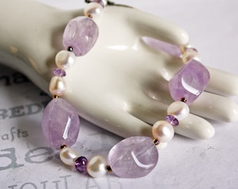 Chunky Amethyst and Pearl Toggle Bracelet, February Birthstone Amethyst Jewelry