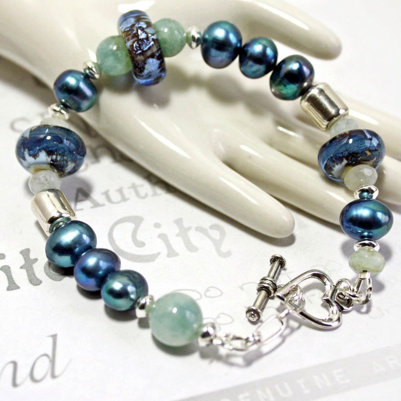 Gemstone Aquamarine Blue Bracelet Lamp Work Glass and Pearl with Sterling Silver Shades of Blue Handmade Jewelry Gift image 3