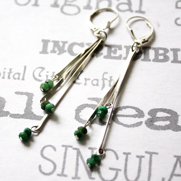 Minimalist Emerald Dangle Earrings, Long Sterling Silver Earrings with Emerald Beads, Simple Modern Silver Stick Earrings