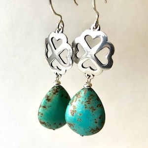 Chic Turquoise and Sterling Silver Clover Dangle Earrings Jewelry Gift for Woman