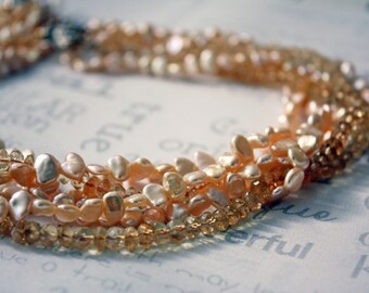 Pearl and Citrine Necklace Golden Pearl Wedding Necklace Multi Strand Pearl and Gemstone Necklace