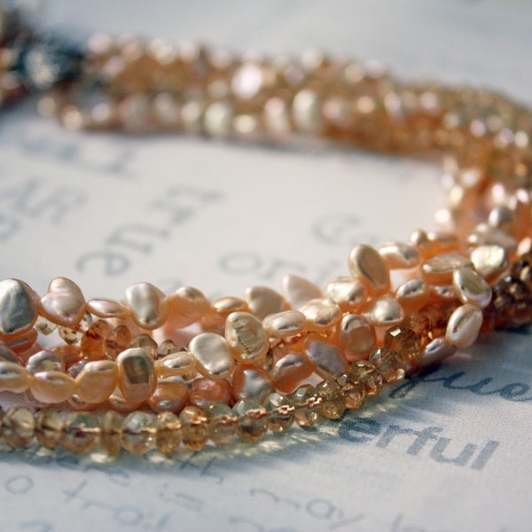 Pearl and Citrine Necklace Golden Pearl Wedding Necklace Multi Strand Pearl and Gemstone Necklace