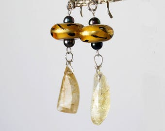 Rutilated Quartz Dangle Earrings with Golden Lampwork, Sterling Silver