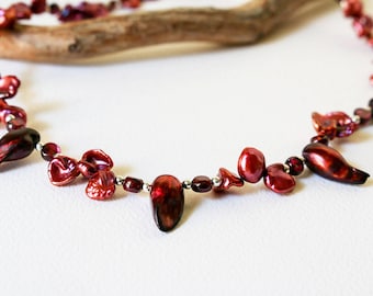 Garnet & Freshwater Pearl Necklace, Sterling Silver Toggle, Boho Jewelry