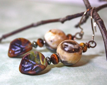 Brown Leaf Boho Autumn Fashion Lampwork Glass Leaf Jewelry  with Jasper and Tiger Eye Beads