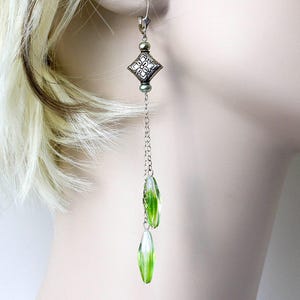 Long Green Sterling Silver Boho Earrings  Green Shoulder Duster  Spring Green Elegant Earrings
