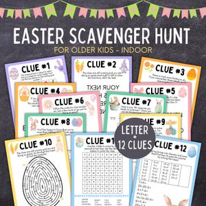 Búsqueda del tesoro de Pascua para adolescentes, pistas para la búsqueda de huevos de Pascua, juego de escape para niños mayores con canasta de búsqueda del tesoro de conejo de Pascua, juego de interior imprimible