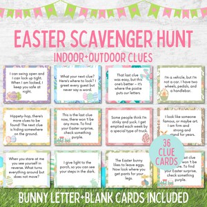 Tarjetas de pistas para la búsqueda del tesoro de huevos de Pascua, pistas imprimibles para la búsqueda de huevos de Pascua en interiores y exteriores, actividad y juego imprimibles de Pascua