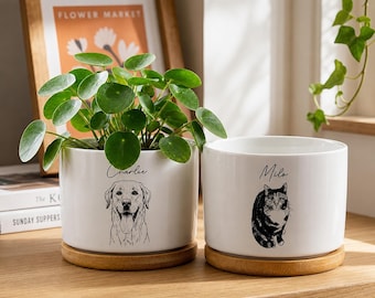 Personalized Ceramic Plant Pot with Bamboo Base, Gift for Pet Lovers