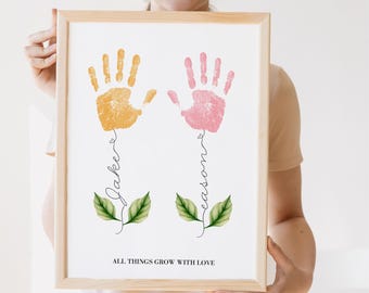 Custom Valentine Art Print Handprint Love Keepsake Floral Bouquet Mom Mother Meaningful Gift for Her DIY Craft Kid Children Toddler Activity