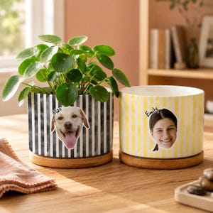 May include: Two ceramic plant pots with plants. One is black and white striped with a dog face sticker and the name "Max". The other is yellow and white striped with a woman's face sticker and the name "Emily". Both pots sit on wooden saucers.