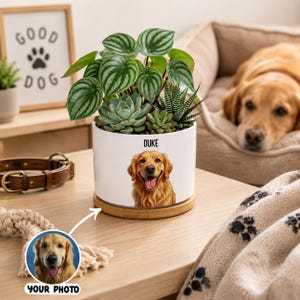 May include: A white cylindrical ceramic planter featuring a custom portrait of a golden retriever and the name DUKE printed above it. The planter sits on a circular wooden base and contains a variety of green succulents and a watermelon peperomia.