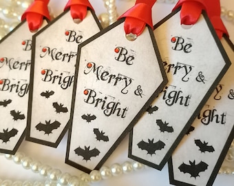 Coffin Christmas Gift Tags, Gothic Wedding Favours, Bat Christmas Tags, Christmas Gothic Tags, Red and Black Gift Tags, Christmas Wedding