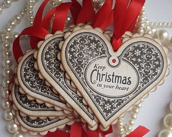 Christmas Tags, Rustic Xmas Tags, Tree Decorations, Tree Hangings, Christmas Hearts, Heart shaped tags, christmas wedding