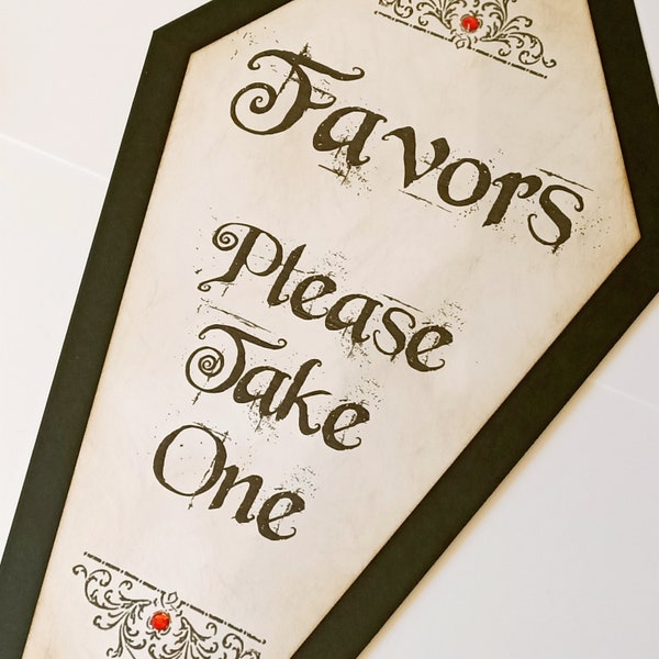 Gothic Favours Sign, Coffin Signs, Halloween Signs, Gothic Wedding Decor, Favours Table Sign, Black Red Wedding