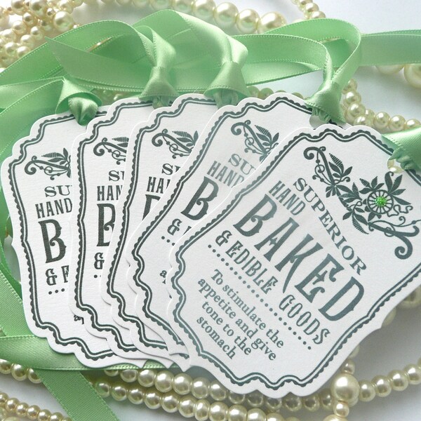 Superior Hand Baked Goods Novelty TAGS - Vintage Style, Green Ribbon - Ideal Wedding Favor Tags, Gifts, Party and Buffet Tags CODE B6