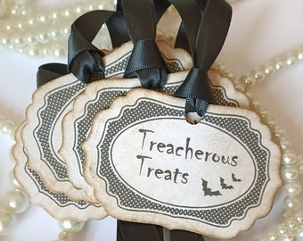 Halloween Tags, Treat Bag Tags, Treacherous Treats, Halloween Favours, Gothic Wedding Decor, Halloween Cupcakes, Halloween Cake picks