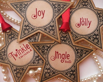 Christmas Star Gift Tags - Pure Luxury in a Vintage Style Tag - Set of 4 - Bright Red Ribbon Holiday Labels