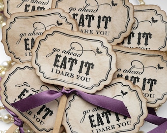 Eat It I Dare You Cupcake Toppers - Gothic or Halloween Weddings - Set of 8