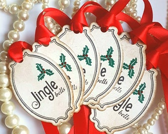 Merry Christmas Tags, Traditional Christmas, Vintage Tags, Red Ribbon, Glitter Tags, Jingle Bells Tags