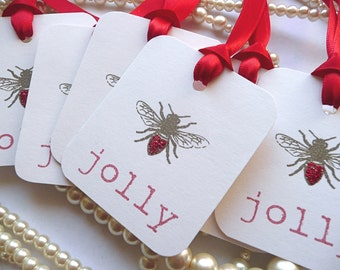 BEE JOLLY Tags, Bee Gift Tags, Wedding Favor Tags, Positive Thoughts, Red Wedding Favors, Christmas Gift Tag, Wedding Favours