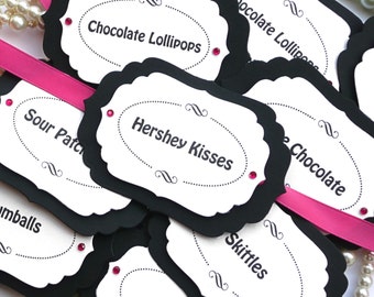 Candy Buffet Tags, Hot Pink Candy Tags, Black and White Sweet Tags, Pink Wedding Tags, Dessert Table Tags, Custom Candy Labels