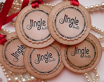 Jingle Bells Christmas Vintage Style Tags with Red Ribbon and Glitter