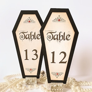 Coffin Table Numbers, Gothic Wedding Decor, Halloween Weddings, Wedding Decorations, Wedding Table Numbers, Black Red Wedding