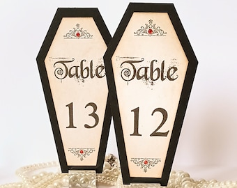 Coffin Table Numbers, Gothic Wedding Decor, Halloween Weddings, Wedding Decorations, Wedding Table Numbers, Black Red Wedding