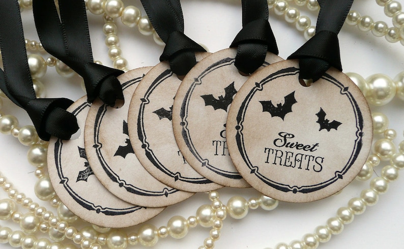 Halloween Tags, Round Treat Bag Tags, Halloween Wedding Tags, Vintage Style Tags, Bat Gift Tags, Gothic Tags image 2