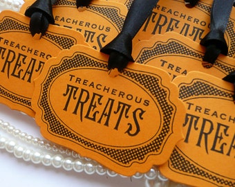 Halloween Tags, Treacherous Treats, Halloween Wedding, Party decorations, Orange and Black, Candy Treat Bags, Treacherous Treats