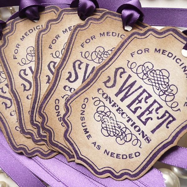 Candy Buffet Tags - Sweet Confections Label Vintage Inspired - Purple Ribbon - Jar Decoration, Wedding Favor Tags, SET of 5 - CODE S3
