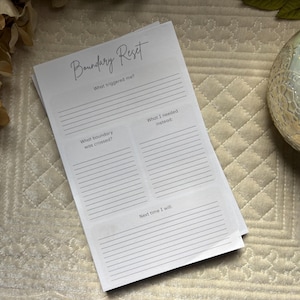 May include: A white paper worksheet titled Boundary Reset with black text and lines. The form includes sections for What triggered me?, What boundary was crossed?, What I needed instead:, and Next time I will: with blank lines for writing responses.