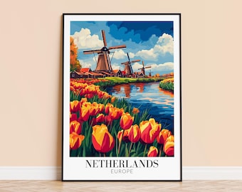 Plakat podróżniczy do Holandii – wiatraki i tulipany, wydruk artystyczny, wystrój holenderski