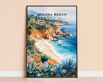 Laguna Beach Watercolor Art Print – Coastal California Travel Poster