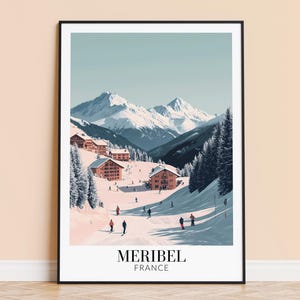 Meribel Print – plakat ścienny z Francji, wydruk podróżniczy po Alpach Francuskich, dekoracja do domu, prezent ślubny i na parapetówkę, w ramie lub bez, spersonalizowany