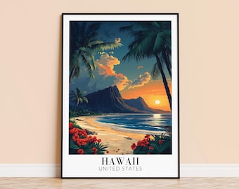 May include: A vintage travel poster featuring a scenic sunset view of a beach in Hawaii, United States. The poster features a mountain range in the background, palm trees in the foreground, and a bright orange sunset over the ocean.