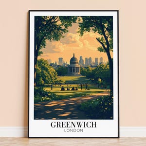 Greenwich Print – Sztuka ścienna z motywem podróży po Londynie, Plakat z motywem miasta Greenwich, Oprawiony lub nieoprawiony wystrój domu, Prezent ślubny i na parapetówkę, Spersonalizowany