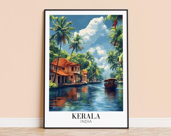 Póster de viaje de Kerala, India – Arte mural tropical, regalo de inauguración de casa