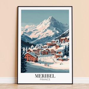Meribel Print – plakat ścienny z Francji, wydruk podróżniczy po Alpach Francuskich, dekoracja do domu, prezent ślubny i na parapetówkę, w ramie lub bez, spersonalizowany