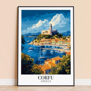 Corfu-print – Griekenland reizen muurkunst, Corfu-poster, ingelijste of ingelijste woondecoratie, cadeau bruiloft en housewarming, gepersonaliseerd