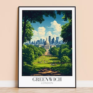Greenwich Print – Sztuka ścienna z motywem podróży po Londynie, Plakat z motywem miasta Greenwich, Oprawiony lub nieoprawiony wystrój domu, Prezent ślubny i na parapetówkę, Spersonalizowany