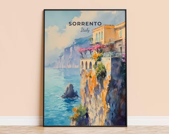Puede incluir: Impresión artística enmarcada de Sorrento, Italia, con una escena costera. La imagen muestra edificios, acantilados y el mar. El texto "SORRENTO Italy" está en la parte superior. La obra de arte utiliza azules, naranjas y amarillos.