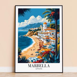 Marbella print – Spanje muurkunstposter, Costa del Sol reisprint, woondecoratie, housewarmingcadeau bruiloft, ingelijst of ingelijst, gepersonaliseerd