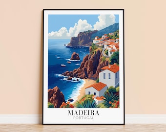 Poster di viaggio di Madeira, Portogallo – Stampa artistica di un villaggio costiero
