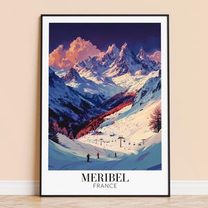 Meribel Print – plakat ścienny z Francji, wydruk podróżniczy po Alpach Francuskich, dekoracja do domu, prezent ślubny i na parapetówkę, w ramie lub bez, spersonalizowany
