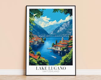 Lake Lugano Switzerland Print – Swiss Travel Poster, Personalized Gift